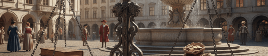 Ornate bronze scales in a cobblestone plaza balancing leather-bound books and gold coins.