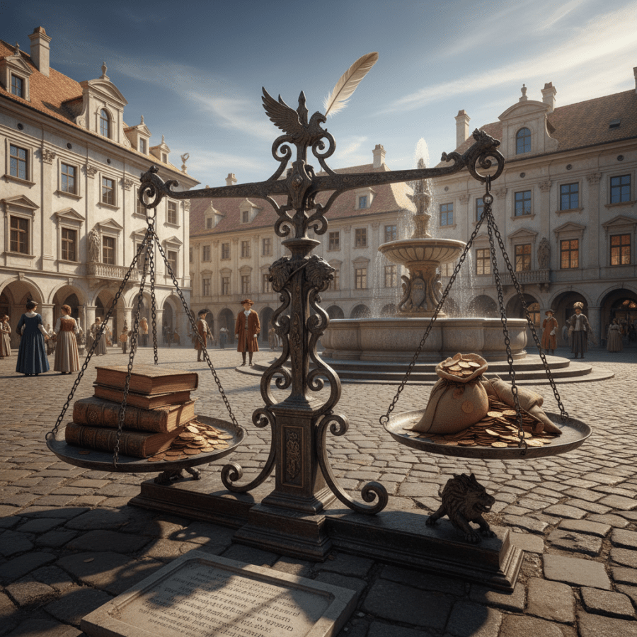 Ornate bronze scales in a cobblestone plaza balancing leather-bound books and gold coins.