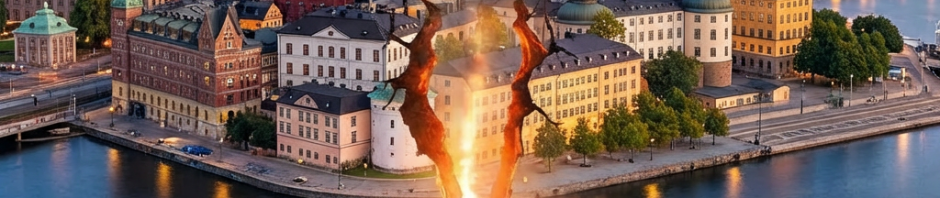 Surreal cityscape with New York and Dubai separated by a glowing fiery fissure in water.