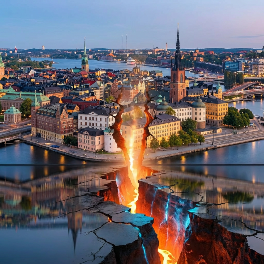 Surreal cityscape with New York and Dubai separated by a glowing fiery fissure in water.