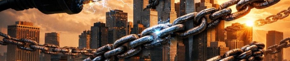 Electric plug emitting sparks breaking chains over a city skyline at sunset