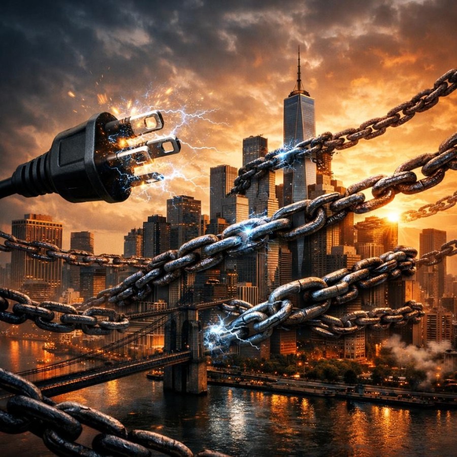 Electric plug emitting sparks breaking chains over a city skyline at sunset