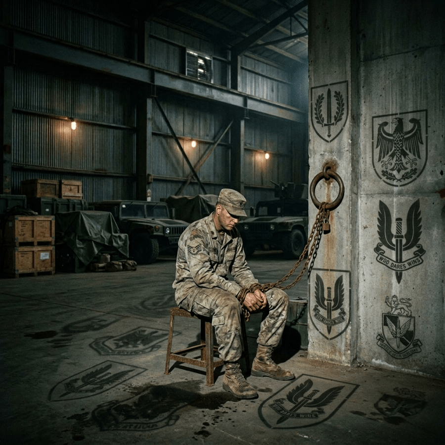 Soldier in uniform chained to a concrete pillar with shadows of military rank insignias