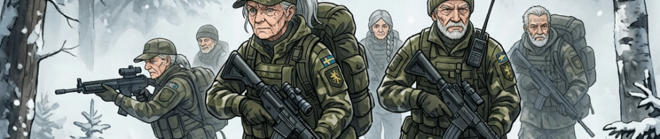 Group of Swedish soldiers in camouflage gear walking through snow-covered forest with rifles