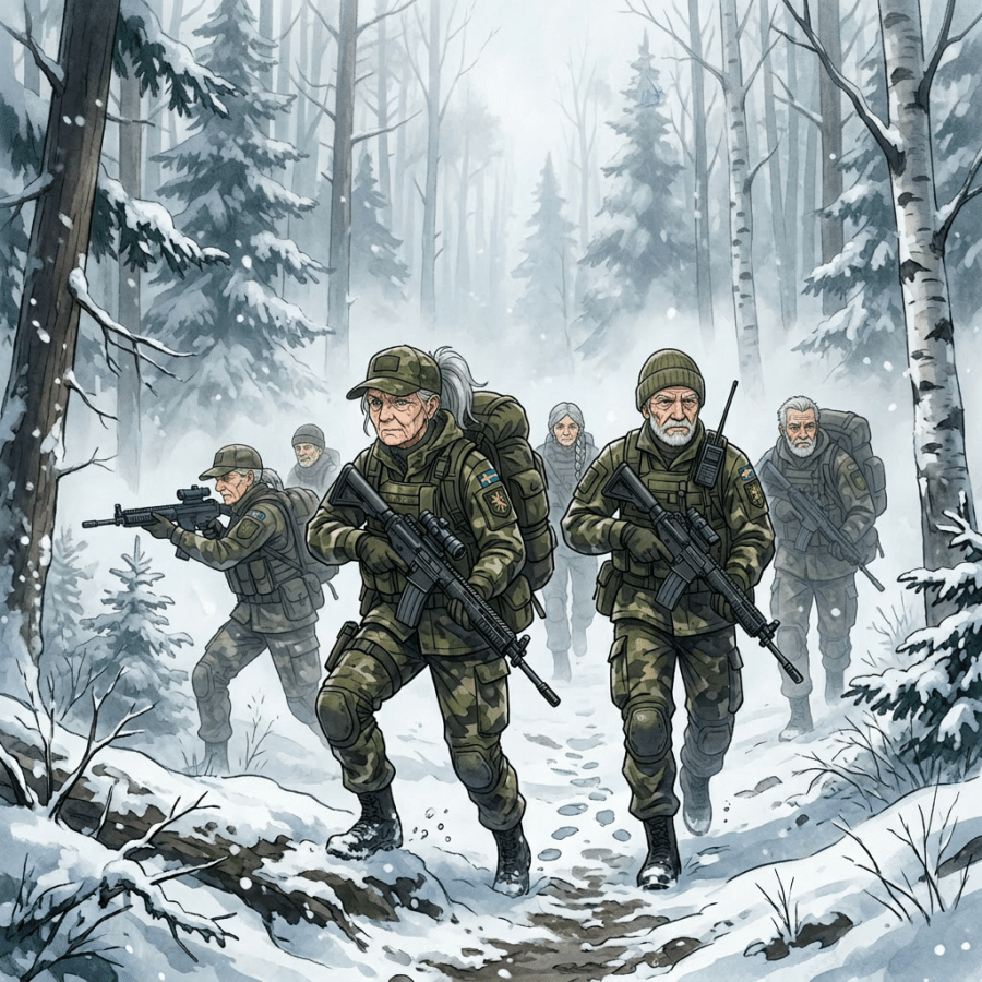 Group of Swedish soldiers in camouflage gear walking through snow-covered forest with rifles