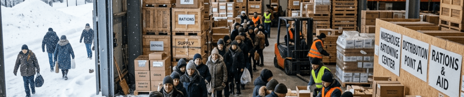 People queuing indoors at warehouse rationing center receiving food supplies in winter