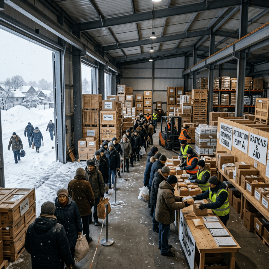 People queuing indoors at warehouse rationing center receiving food supplies in winter