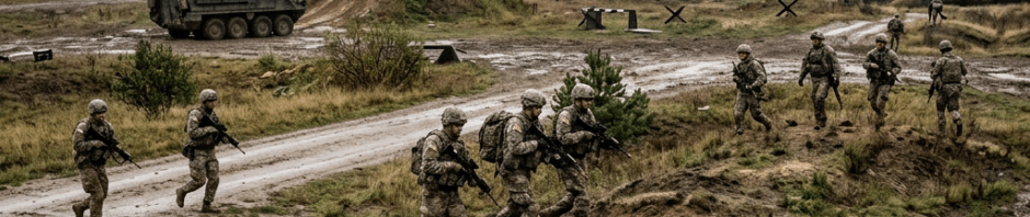 Soldiers in camouflage carrying rifles moving through muddy terrain with military vehicles in the background