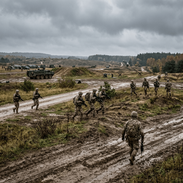 Soldiers in camouflage carrying rifles moving through muddy terrain with military vehicles in the background