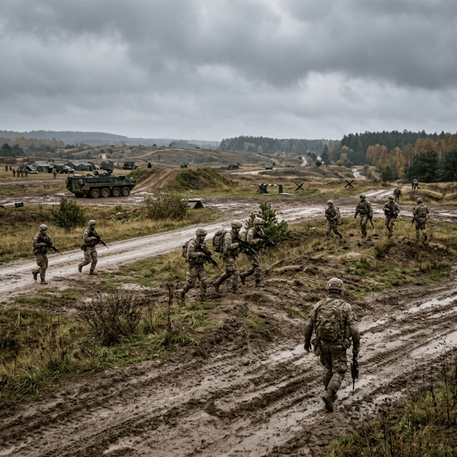Soldiers in camouflage carrying rifles moving through muddy terrain with military vehicles in the background