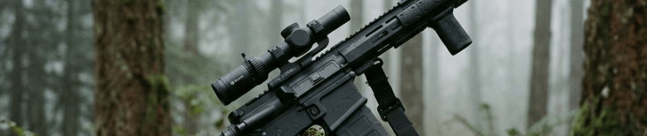 Tactical rifle with scope lying on mossy log in a misty forest