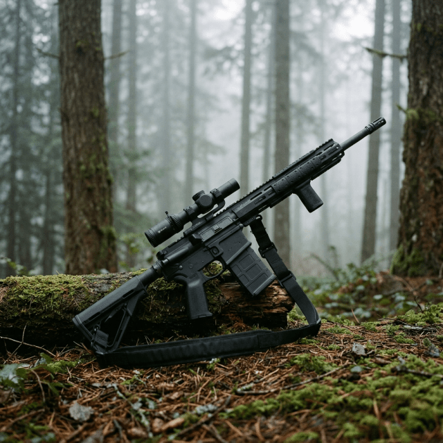 Tactical rifle with scope lying on mossy log in a misty forest