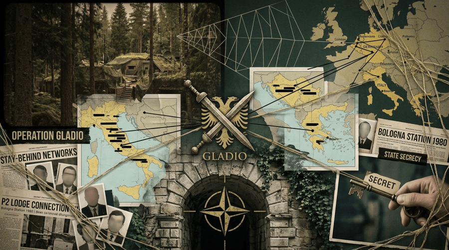 Map of Europe with marked secret stay-behind networks, blurred spy photos, a tunnel entrance with NATO symbol, and a key labeled secret