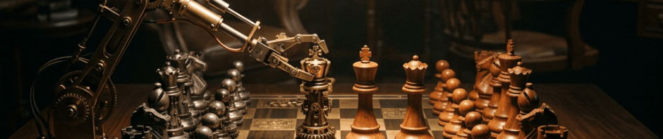 Steampunk robotic arm holding a black chess queen on a chessboard with wooden chess pieces