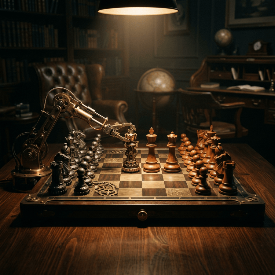 Steampunk robotic arm holding a black chess queen on a chessboard with wooden chess pieces
