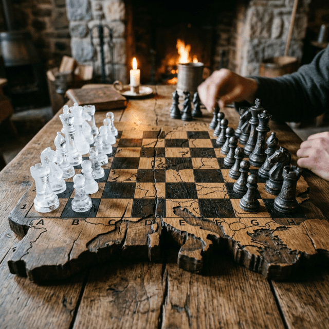 Chessboard with white and black pieces on a carved rustic wooden table with a fireplace in the background