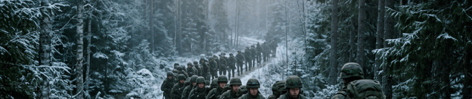 Soldiers marching in formation along a snow-covered forest trail.