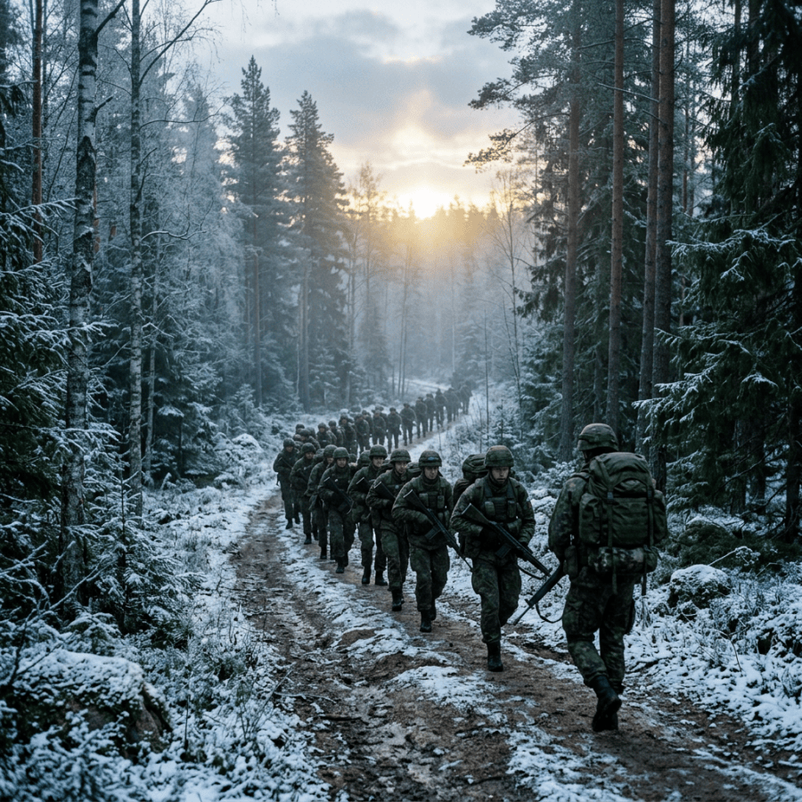 Soldiers marching in formation along a snow-covered forest trail.