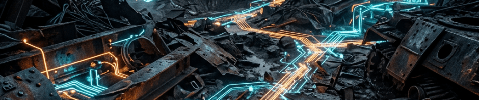 Ruined landscape with glowing orange and blue digital circuit patterns among metal debris and smoke under a crescent moon
