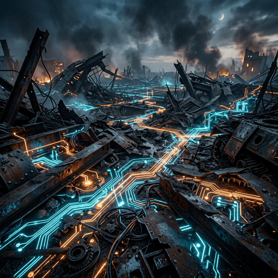 Ruined landscape with glowing orange and blue digital circuit patterns among metal debris and smoke under a crescent moon