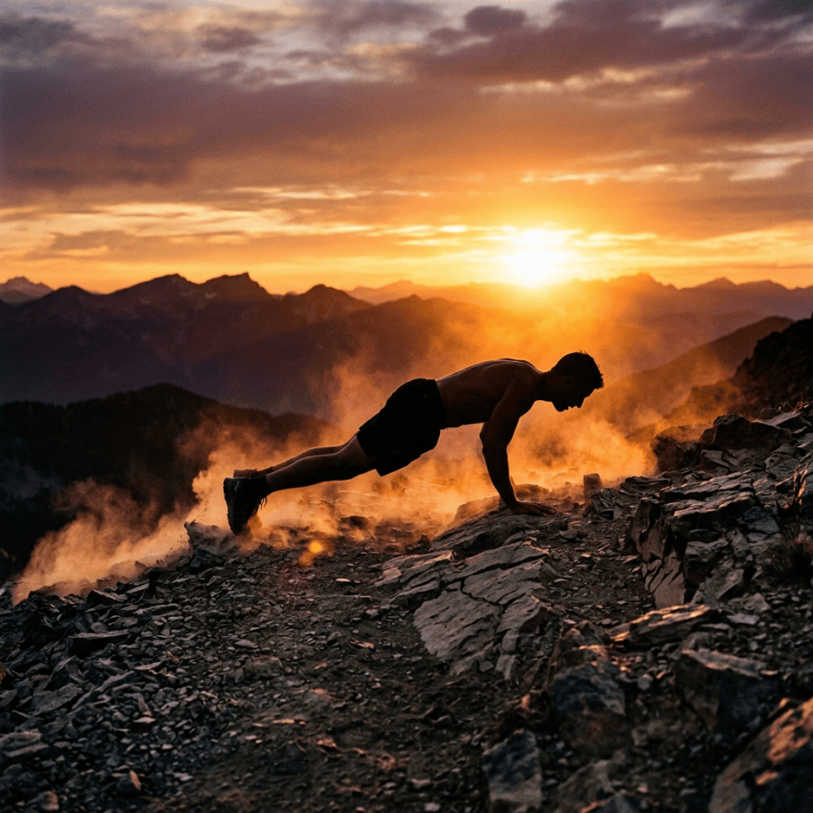 Man performing push-ups on rocky mountain slope at sunset