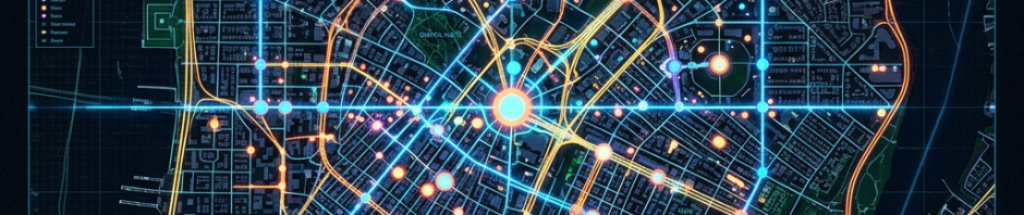 Glowing city map with roads and data points showing network connections