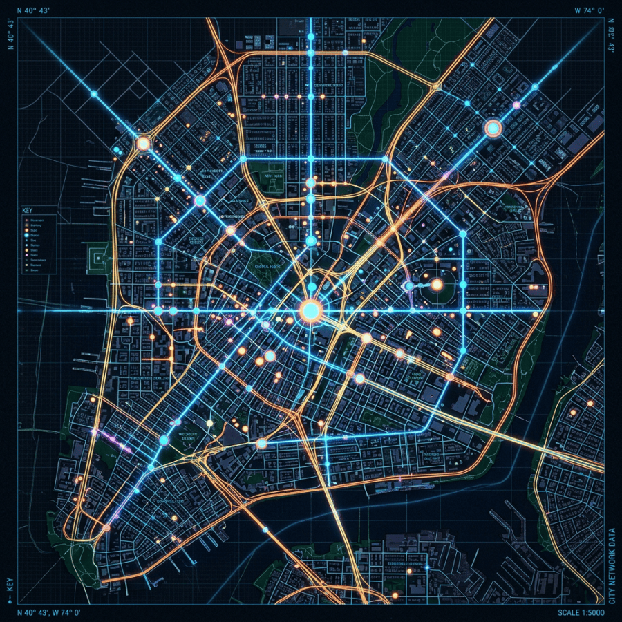 Glowing city map with roads and data points showing network connections