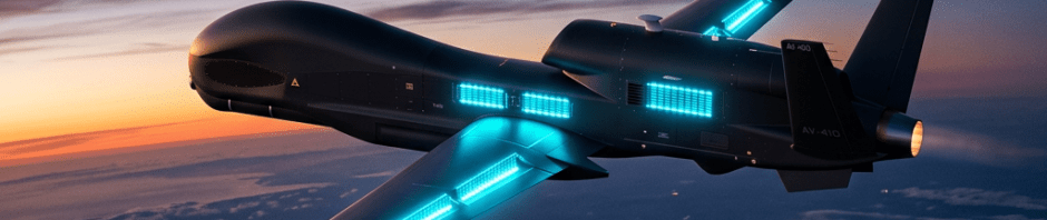 Military surveillance drone flying over coastal area at dusk with glowing blue lights