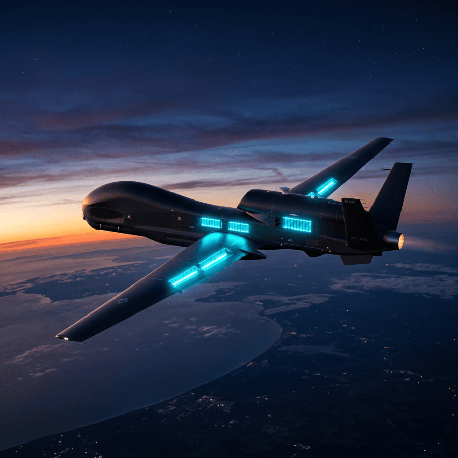 Military surveillance drone flying over coastal area at dusk with glowing blue lights
