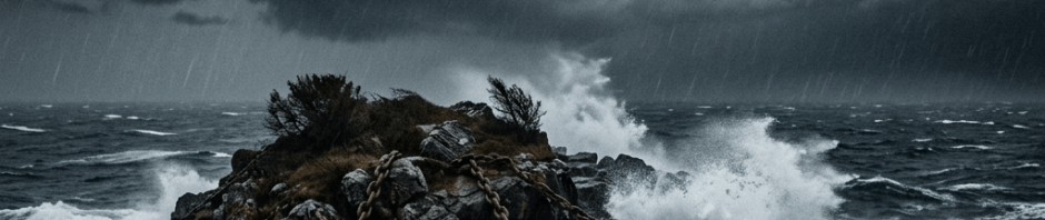 Small rocky islet in stormy sea with large chains anchored to it