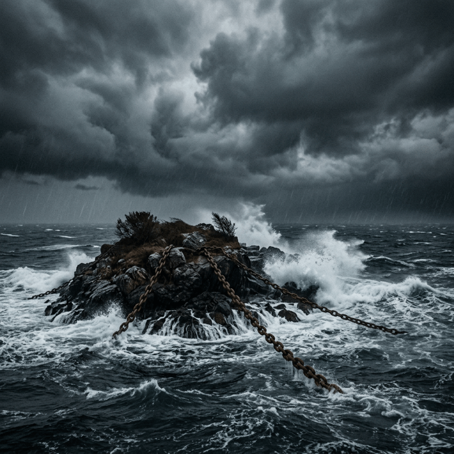 Small rocky islet in stormy sea with large chains anchored to it