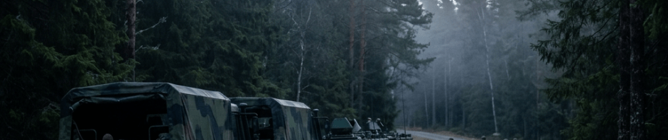 Soldiers walking along a forest road with camouflaged military trucks and armored vehicles parked nearby