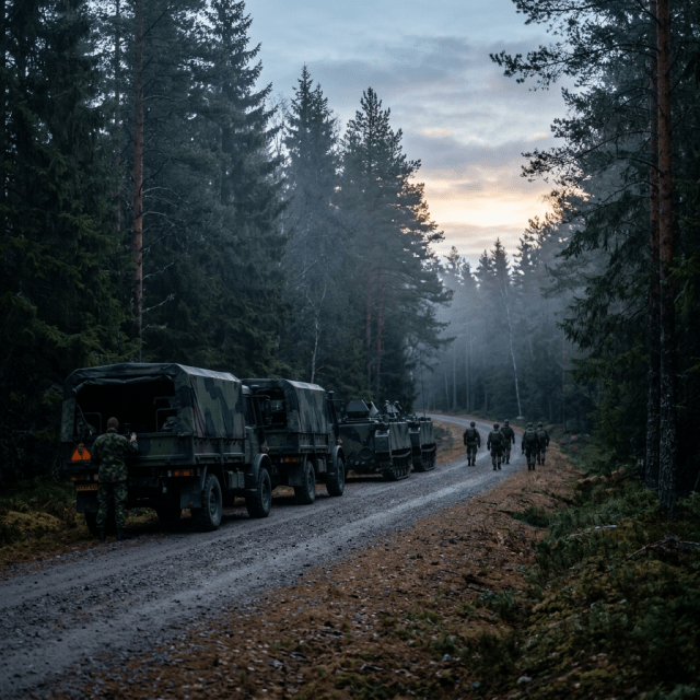 Soldiers walking along a forest road with camouflaged military trucks and armored vehicles parked nearby