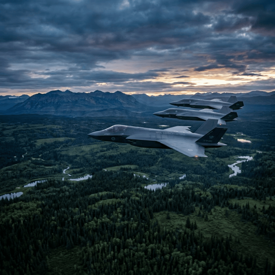 Three Royal Australian Air Force stealth fighter jets flying in formation over a forested landscape with blue radar waves depicted around them