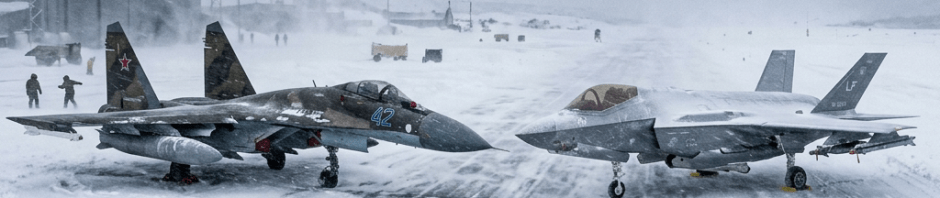 Russian Su-35 jet and U.S. F-22 stealth fighter parked on snowy airstrip facing each other