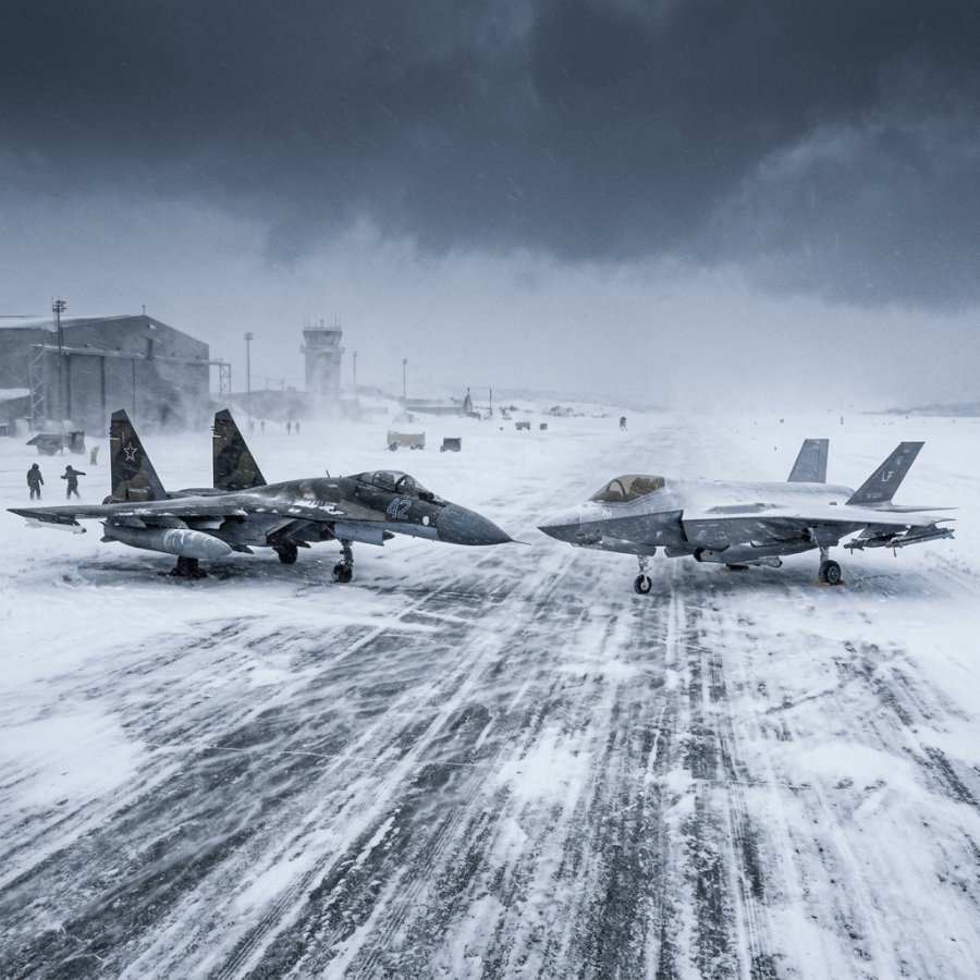 Russian Su-35 jet and U.S. F-22 stealth fighter parked on snowy airstrip facing each other