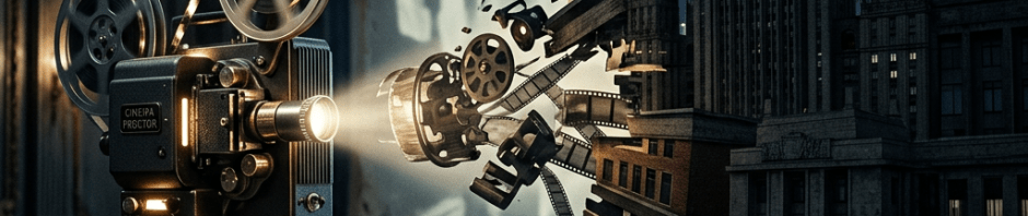 Vintage film projector projecting a cityscape made of film reels and buildings inside a dark theater