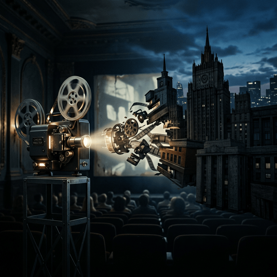 Vintage film projector projecting a cityscape made of film reels and buildings inside a dark theater