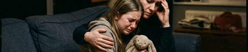 Mother holding and comforting crying child sitting on couch at night