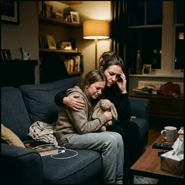 Mother holding and comforting crying child sitting on couch at night