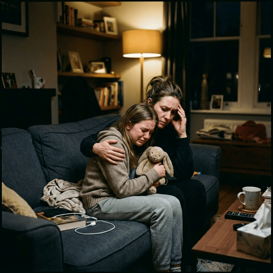 Mother holding and comforting crying child sitting on couch at night