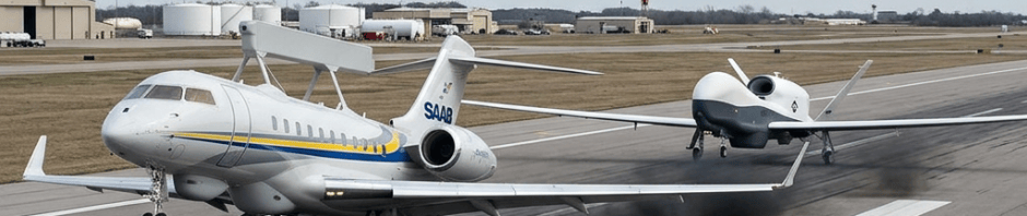 Saab jet aircraft and unmanned drone taxiing side by side on runway