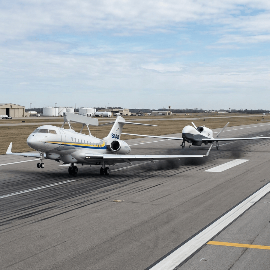 Saab jet aircraft and unmanned drone taxiing side by side on runway