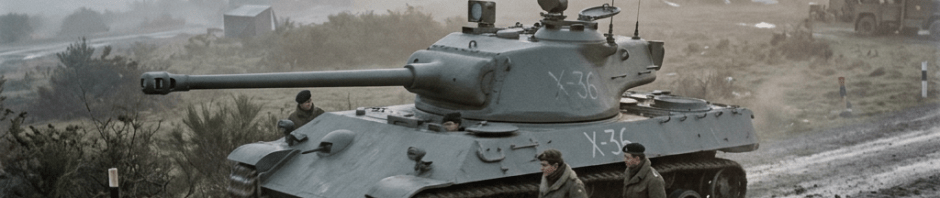 M4 Sherman tank with soldiers walking beside it on a muddy road during foggy dawn