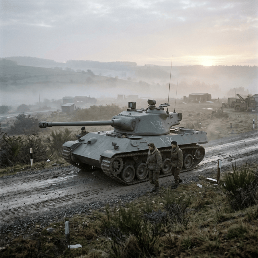 M4 Sherman tank with soldiers walking beside it on a muddy road during foggy dawn
