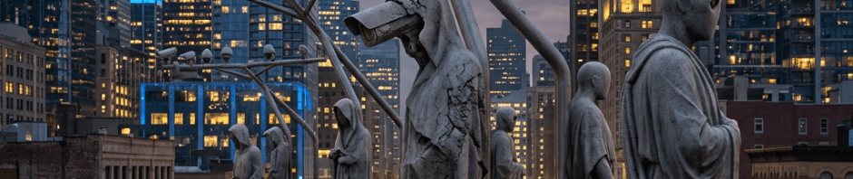 Stone statues wearing cloaks with security cameras mounted above them in a cityscape at dusk