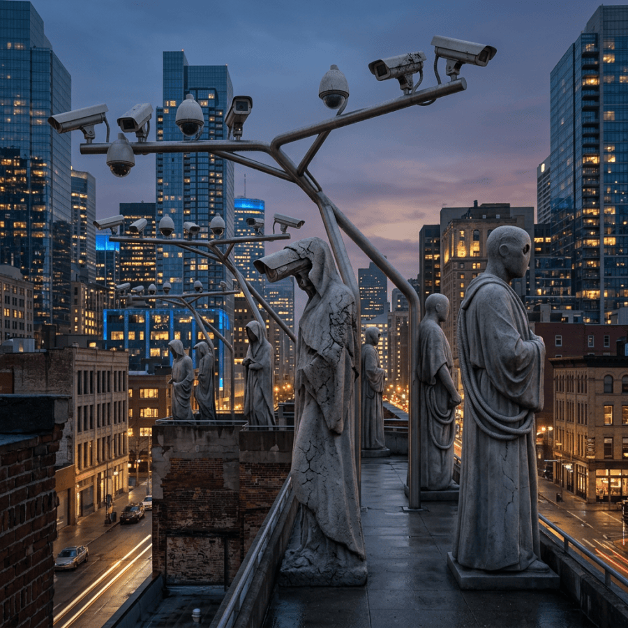 Stone statues wearing cloaks with security cameras mounted above them in a cityscape at dusk