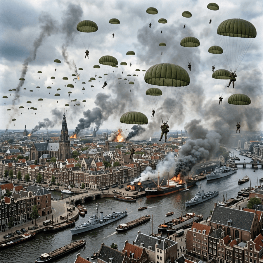 Paratroopers descending by parachute over a city with burning buildings and naval vessels in the water