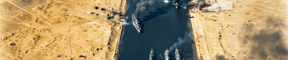 Multiple ships stuck in the Suez Canal with thick black smoke rising