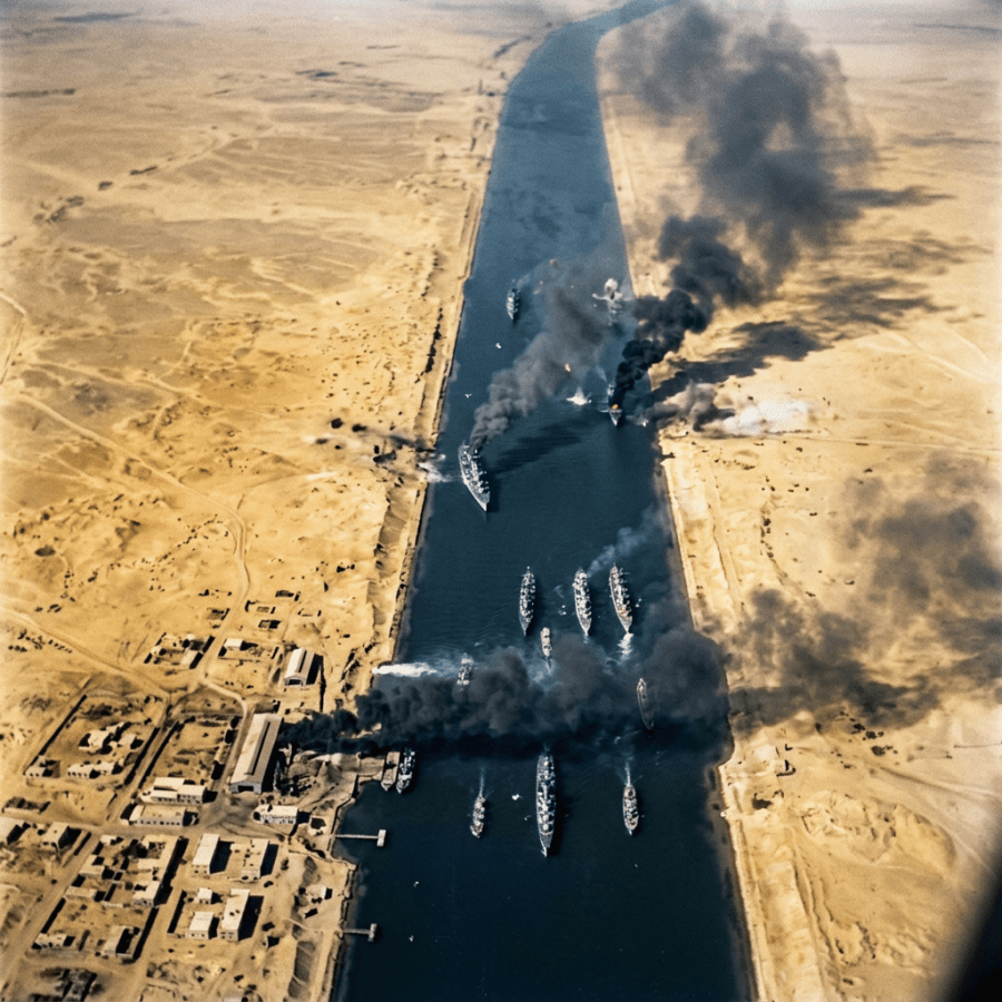 Multiple ships stuck in the Suez Canal with thick black smoke rising